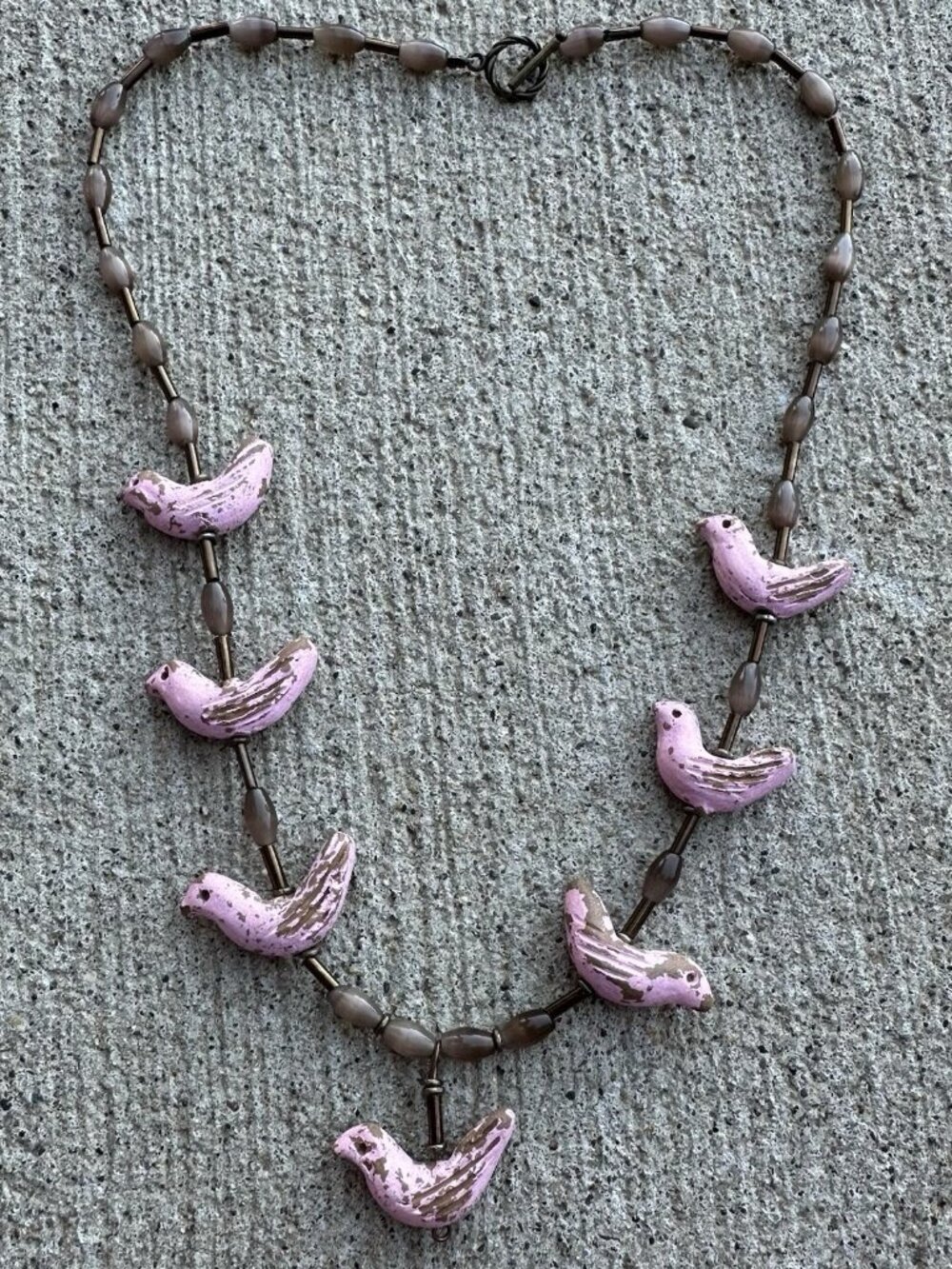 Vintage Glass Bead Ceramic Pottery Pink Bird Clay Necklace Fetish Story Telling